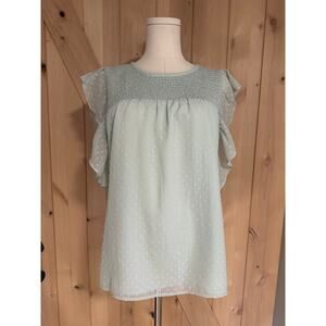 Loft | Dot Smocked Flutter Sleeve Swing Top Seafoam Green | Size Large